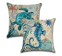 7COLORROOM Lot de 2 housses de coussin décoratives en coton et lin Motif tortue de mer 50,8 x 50,8 cm