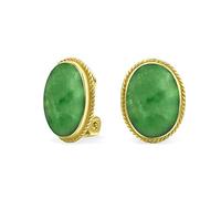 7Ct Cabochon Ovale Jade Vert Teinté Corde Câble Lunette Plaqué Or 14K .925 Argent Sterling Boucles D'Oreilles Clip Pour Femmes Clip Only Is Alloy