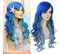 7JHH WIGS Perruque longue ondulée sirène pour femme - Fibre résistante à la chaleur - Cos I Love Lucy - 71,1 cm - Bleu violet sirène ombré