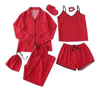 7PC Pyjama Femme Satin Ensembles 2 Pièces Pjs Coton Ete Sleepwear Adulte Doux Elegant Set Pajamas Manches Longues Boutonné Tee Pantalon Combinaison Blanc Sets Homewear
