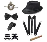 7pcs Accessoire Annee 1920 Homme, Great Gatsby Gangster Costume Accessoires, Déguisement avec Chapeau Panama Montre de Poche Bretelles Noeud Papillon Barbes Cravates, pour Carnaval