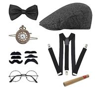 7pcs Accessoire Annee 20 Homme, Great Gatsby Gangster Costume, Années 1920 Déguisement, avec Chapeau Panama Montre de Poche Bretelles Noeud Papillon Barbes Lunettes pour Carnaval