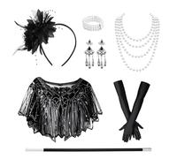 7PCS Accessori Anni 20 Donna, Great Gatsby Accessoires Set, Roaring 20's Theme Set, Accessoire Charleston Donna Neri pour Halloween, Noël, Mardi Gras
