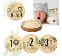7pcs Cartes Mensuelles en Bois Bébé, Rond Panneau de Bienvenue en Bois pour Nouveau-Né Carte Mensuelle en Bois pour Accessoires Photo Panneaux d'Annonce de Naissance de Bébé Imprimé Recto-Verso