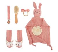 7PCS Coffret Cadeau Naissance Bébé, avec Serviette de Bave Étapes Bébé Hochet Tricoté Main Brosse Bebe Tétine Mam Chaussettes