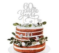 7pcs Décoration de Gâteau de Mariage 60e Anniversaire Cake Cupcake Topper à Paillette 60 Diamond years Cœur Argent Gâteau Topper Brillant Personnalisé avec Bâtons Décoration de Table pour Fête Mariage