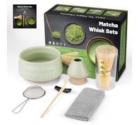 7PCS Matcha kit ceremonie japonais, Cuillère en bambou, pelle en bambou, Porte-Fouet, Coffret matcha pour la cérémonie du thé, la boisson (Open Grey-Green, BAMBOO)