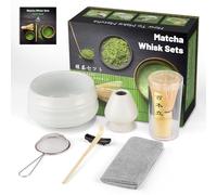 7pcs Matcha Kit Cérémonie Japonaise,Ensemble de Fouet à Matcha,Coffret Matcha pour la Cérémonie du Thé,Il Peut Aussi Être Offert en Cadeau à des Amis ou des Collègues (Matte White, Bamboo Brush)