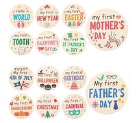 7pcs Mes Premiers Panneaux d'Étapes de Vacances, 14 Holidays Étape Bébé Panneau de Naissance Recto Verso Carte Étape Bébé Bois Accessoires Photo pour Fournitures de Fête Prénatale en Cadeau