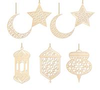 7PCS Ramadan Kareem Ornement à Suspendre en Bois avec des Cordes, 3D Creux Ramadan Islamique Musulman Pendentif Décoration, Lune Étoile Vent Lumière Forme pour Eid Mubarak DIY Décoration de La Maison