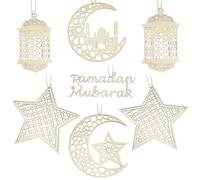 7PCS Ramadan Mubarak Hanging Decorations, Wooden Pendant Eid Kareem Hanging Sign with Ropes for Home Room Decor, 3D Hollow Star Moon Lanterns Castles Ornament for Islamic Muslim Al-Fitr Party Supplies