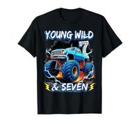 7th Birthday Monster Truck Young Wild and Seven 7 Year Old T-Shirt
