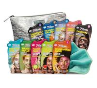 7th Heaven 'Pamper and Party' Coffret de masques pour le visage - 10 masques hydratants et nettoyants pour le visage, un sac à cosmétiques en argent et un gant de toilette doux.(lot de12)