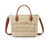 7VSTOHS Stroh Strandtasche für Frauen, Handgefertigte Strohtasche mit Reißverschluss, Sommer Gewebte Tasche Strand Reise Handtasche