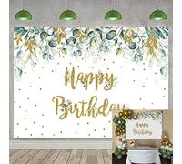 7X5FT Greenery Toile de Fond Happy Birthday Feuilles d'eucalyptus dorées et Vertes Décorations de fête Feuilles Vertes Nouveau-né Fête prénatale Fond Photo Cabine