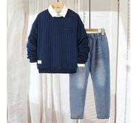 8-12 ans Ensemble 2 pièces en tricot côtelé bleu marine pour l'automne/début de l'hiver. Le Top est un pull-over côtelé à manches longues avec fausse poche, le bas est un jean en denim déchiré. Style 