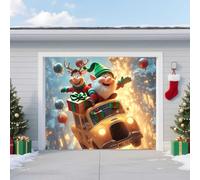 8*7ft/2.4*2.1m,Bâche de Porte de Garage de Noël - Lutin Volant et Renne dans un Taxi Festif avec Cadeaux - Éclat Jaune Réactif à la Lumière UV - Grande Fresque Murale Extérieure pour Porche, Salon