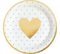 8 Assiettes en Papier Coeur Doré, Mariage, Saint Valentin 23 cm