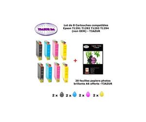 8 cartouches compatibles Epson T1291 T1292 T1293 T1294 pour Stylus B 42WD 625FWD BX 305F 305FW 320FW -20f A6 brillantes -T3AZUR