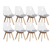 8 Chaises Tulipes Salle à Manger Scandinaves BM Home Salle de Bureau, Pieds en Bois de Hêtre Massif, Transparente, Assise Grise