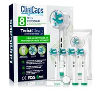 8 CliniCaps TwistClean Têtes Brosse à Dents Électrique Poils Entrelacés Nettoyage Intense avec Capuchon Protecteur et Double Sachet Aseptique Compatible avec Oral-B Couleur Blanc