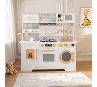 8-en-1 Cuisine Jouet Enfant en Bois avec Lumières Et Sons Enfants 3 Ans + | Mini Cuisine Interactive Cuisinette d'Éveil avec Plaque Induction, Fours, Machine à Café, Distributeur de Glaçons