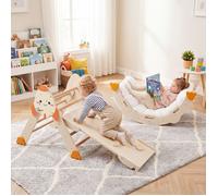 8 en 1 Triangle d'Escalade Montessori en Bois-COSTWAY-Toboggan & Arche Évolutive Pliable et Sécurisé 1+ Jeux d'Escalade Naturel