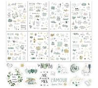 8 Feuilles 240pcs Stickers Mariage Autocollant Scrapbooking Vintage en Français Vive les Mariés forme Ange Cœur Fleur Anneau Décoration DIY pour Fête Album Photo Livre D'Or Invitation de Mariage