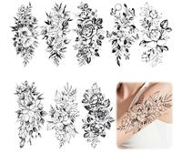 8 Feuilles Autocollants de Tatouage de Fleurs Grandes, Tatouages Temporaires Imperméables, 3D Réaliste Tatouages à Coller avec Fleur Sexy en Noir Blanc, Tatouages Ephemere avec Croquis de Fleurs