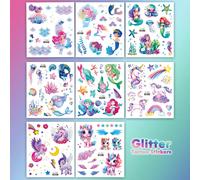 8 Feuilles Autocollants De Tatouages Temporaires Pour Filles Et Garçons À Paillettes Avec Des Motifs De Sirènes, De Licornes, D'arcs-en-ciel, D'ailes, De Fées, D'océans, D'étoiles De Mer, De Coraux, D