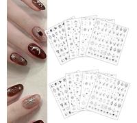 8 Feuilles Autocollants pour Ongles 3D Métallisés Argentés, Autocollant pour Nail Art Soleil Lune Étoiles Cœur Papillon, Autocollants Décoratifs pour Manucure Argentés, Décalcomanies pour Nail Art