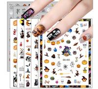 8 feuilles d'autocollants pour nail art Halloween, décalcomanies autocollantes sur le thème de l'horreur avec des motifs fantômes, sorcières, toiles d'araignées, chauves-souris et citrouilles pour déc