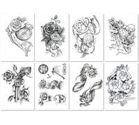 8 Feuilles Ensemble De Tatouages Temporaires Imperméables À Motif Floral Noir Peint À La Main