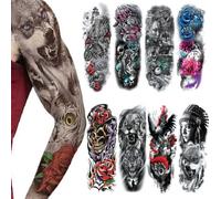 8 feuilles Full Arm Tatouages Temporaires Hommes Manches Imperméables Faux Warrior Tatouages Autocollants Loup Lion Tigre Plein Grandes Jambes Femmes Rose Tatouages Temporaires Animaux Adultes