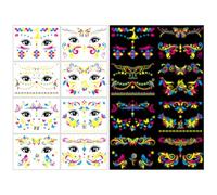 8 Feuilles Glow In The Dark Neon Music Party Tatouages Temporaires, BQRKOTM Autocollants Minuscules Fluorescents UV Imperméables, Blacklight Reactive Light Face Flash Festival