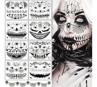 8 Feuilles Halloween Tatouages Temporaires pour Visage, Lumineux Cicatrices Araignées Visage Tatouages Éphémères pour Homme Femme Adulte Halloween Déguisement Costume Maquillage
