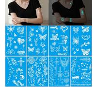 8 Feuilles Tatouages Temporaires Bleus Phosphorescents Bracelet De Doigt Papillon Blanc Et Fleur Tatouages Temporaires Phosphorescents Pour La Clavicule Résistants À L'Eau
