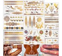 8 Feuilles Tatouages Temporaires Dorés Faux Tatouage Personnalisé Papillon Ailes Soleil Cœur Visage Corps Autocollant Sticker Décoration DIY pour Fête Soirée Anniversaire Halloween Carnaval (Or)