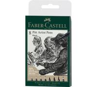 Faber-Castell 167158 Pitt Artist Pens, Set de 8, Tailles variées, Encre noire imperméable et résistante à la lumière, Pour dessin et croquis