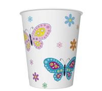 8 gobelets en carton - Fleurs et papillons - Décoration de table pour fête de jardin, anniversaire ou pique-nique - Diamètre : 5,5-8 cm x 9,2 cm.