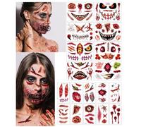 8 Halloween Tatouage Temporaire de Visage, 10 Cicatrice Faux Tatouage pour Adultes Enfant, Cicatrices Autocollant Imperméables, Horreur Tatouage Éphémères Zombie Crâne pour Cosplay Maquillage Festival