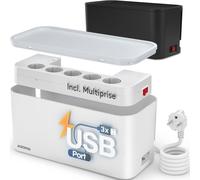 8-in-1 Cable Storage Box with Power Strip ¿ 5 Sockets, 3 USB A, 2 m Cable ¿ The White Box ¿ 30 x 14 x 14 cm
