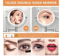 8 Inch Illuminated Magnifying Mirror Wall Mounted X 20, Magnifying Mirror With 3 Colours, 1x/20x Magnification Charge With Eu Plug, Touch Screen, 360° Swivel And Extendable For Bathroom