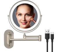 8 Inch Rechargeable Wall Mounted Makeup Mirror Double Sided 1 X 10x Magnifying 3 Color Illuminated Touch Screen Dimmable Extended Arm 360 Rotating