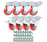 8 Pack 3 Inch Combo Caster Swivel Plate 4 w/Brake & 4 Plate Heavy Duty on Red PU Wheels with Heavy Duty Screws