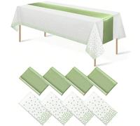 8 packs de nappes en plastique jetables blanches et vert sauge, et un set de chemins de table en satin, 54 x 108 pouces pour la nappe, 12 x 108 pouces pour les chemins de table, pour mariage, remise d