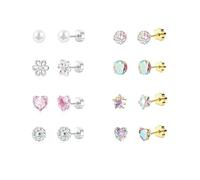 8 Paires Boucles d’Oreilles Enfant Fille Hypoallergéniques - Clous d’Oreilles Acier Inoxydable Or/Argent avec Perles, Cœurs, Fleurs, Étoiles, Cristal - Cadeau d'anniversaire et de Noël pour fille