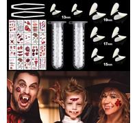8 Paires Canines de Dents de Vampire 4 Tailles Personnalisés Fausse Dent avec 2 Tube Adhésif Granules Dents 20 Tatouages Temporaires de Cicatrice pour Partie Cosplay Crocs Fête Halloween Enfant Adulte