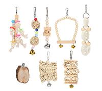 8 Pcs Bird Toy Set | Organic Wood & Loofah Safe for Parrots | Interactive Parrot Toys for Chewing/Swinging/Climbing | Colorful Beads & Straw Plaited, Easy Hang