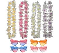 8 Pcs Collier de Fleurs Hawaïen et Lunettes de Soleil de Fête, Kit de Décoration Hawaïenne avec 4 Colliers Hawaiens Fleurs et 4 Lunettes Colorées pour Pool Party, Plage, Anniversaire Tropical